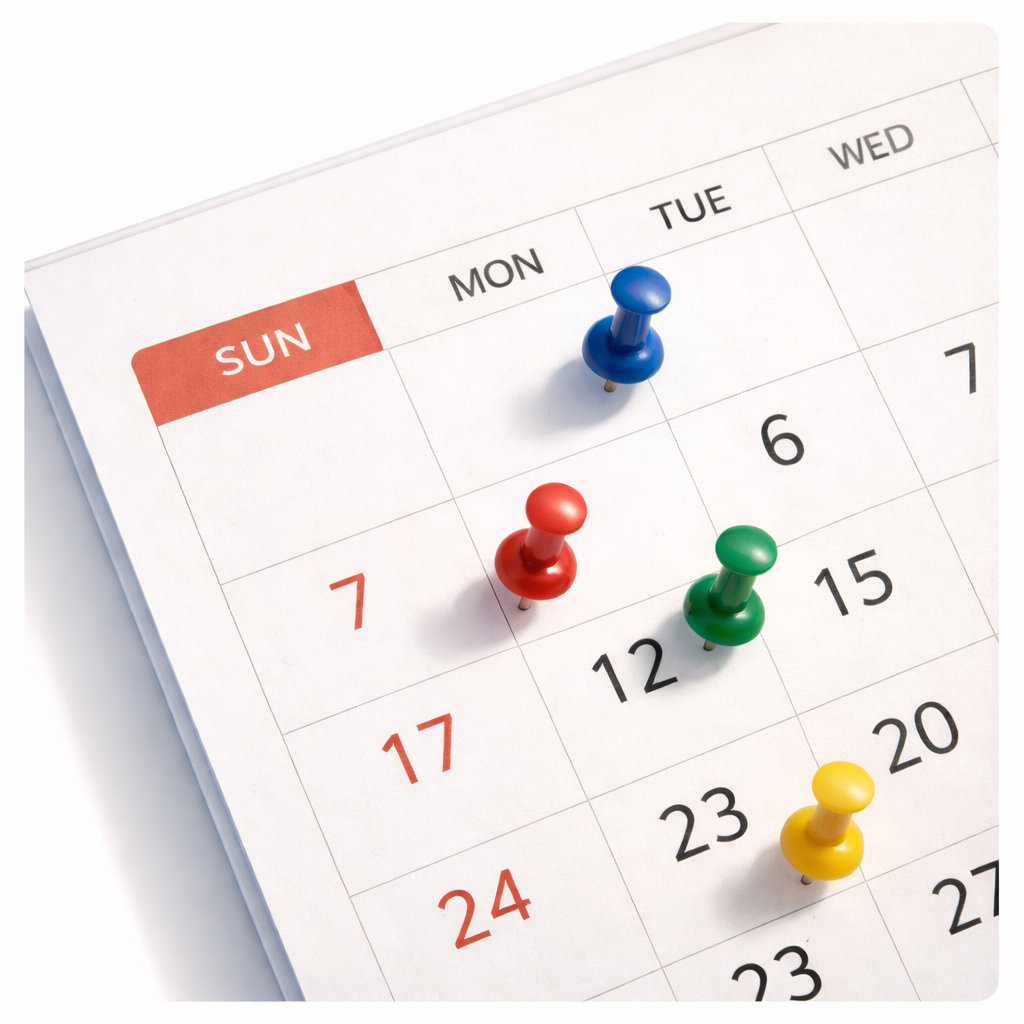 Calendar with colorful pushpins marked dates