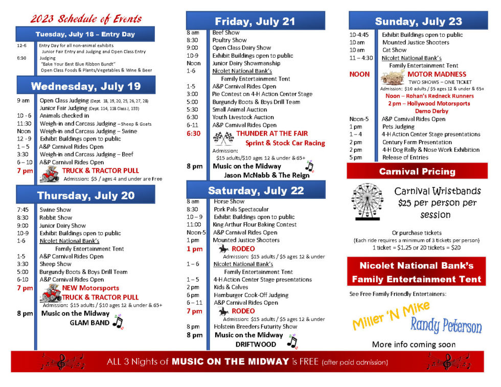 Daily Fair Schedule Outagamie County Fair